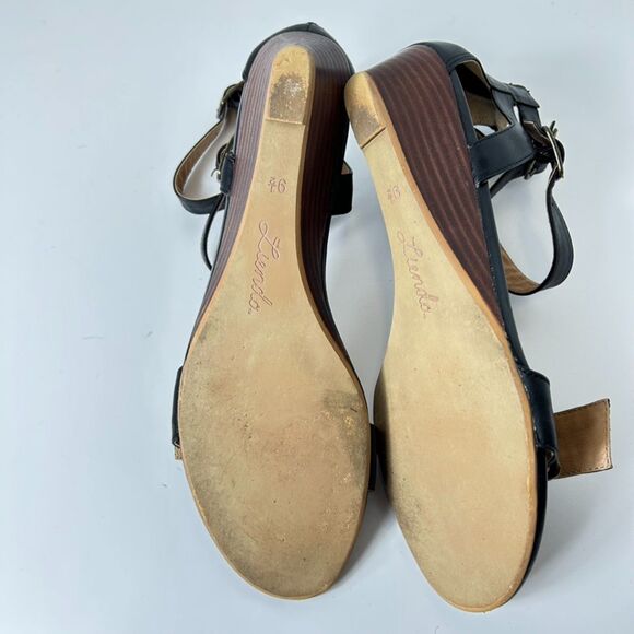 Liendo Anthropologie Black Leather Buckle Ankle Strap Low Wedge Sandals Size 9.5 - Picture 8 of 10